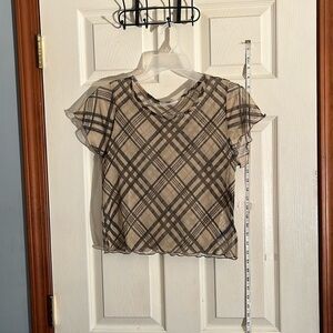 NWT-Jolie&Joy-XL-beige& black plaid-sheer stretchy, lightweight short sleeve top